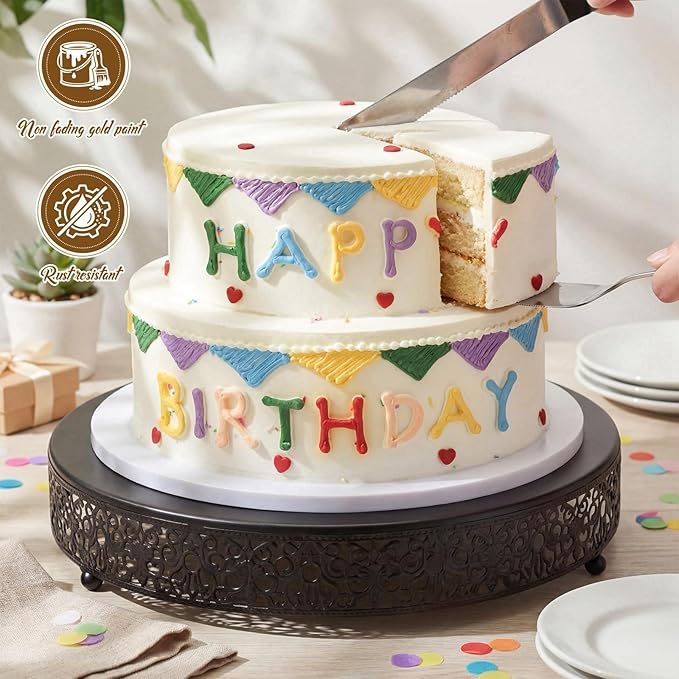 Wenqik 14 Inch Black Cake Stand Set Metal Round Cupcake Dessert Stand with Cake Cutting, Spatula Wedding Cupcake Pastry Display Candy Holder Display for Wedding Party Birthday Baby Shower(Classic)