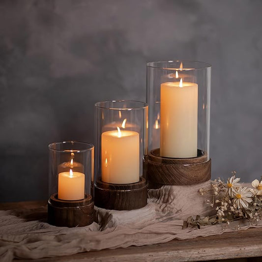 Hewory Hurricane Glass Candle Holder : Set of 3 Rustic Brown Candle Holders for Pillar Candles, Vintage Decorative Wood Stand with Clear Glass for Weddings,Christmas,Table Centerpiece,Home Decor