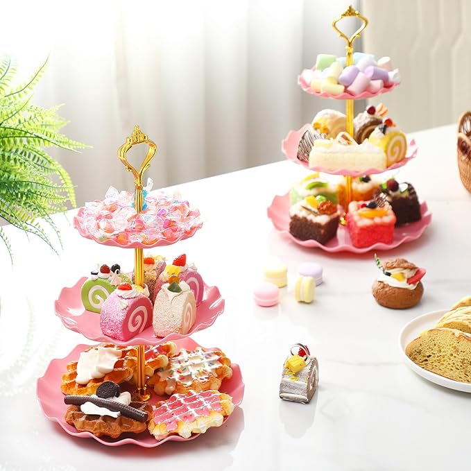 Patelai 8 Packs 3 Tier Cupcake Stand Holder Plastic Cake Serving Display Stand Tower Donuts Cookie Dessert Tray Holder Wave Shape with Gold Rod for Wedding Birthday Baby Shower Tea Party (Pink)