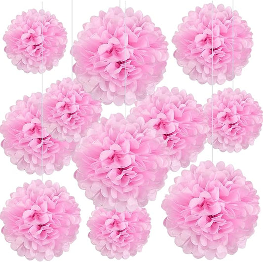 20 PCS Pink Tissue Paper Pom Poms, Tissue Pom Poms Flowers, Sizes of 6", 10", 12", 14" Hanging Paper Flower Ball for Wedding, Birthday, Valentine's Day, Baby Shower Party Decor
