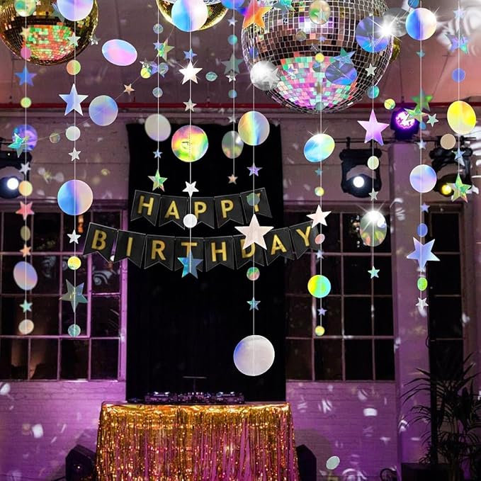 Valentine's Day Decoration Star and Circle Hanging Garland, 65 feet Party Decorations Stars Banner Streamer Backdrop for Birthday Baby Shower Starry Night Theme Party Supplies (Rainbow Silver)