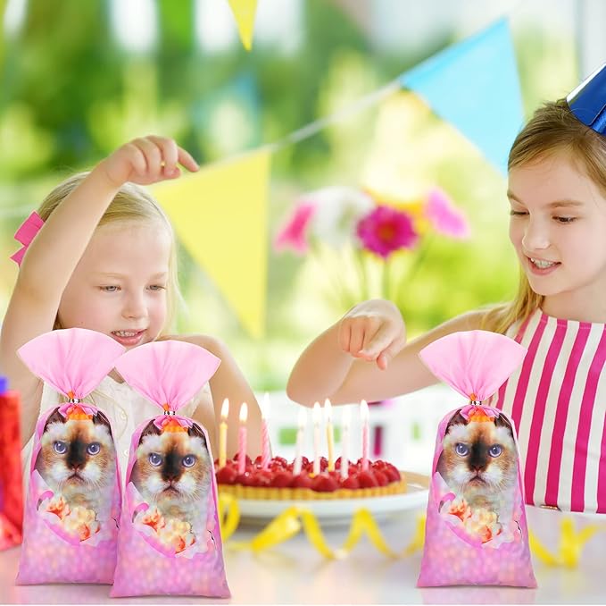Hotop 100 PCS Cat Cellophane Bags Gift Treat Goodie Candy Party Favor Bag with 150 Ties Kitty Themed Birthday Decorations Supplies for Kids Home Classroom Baby Shower