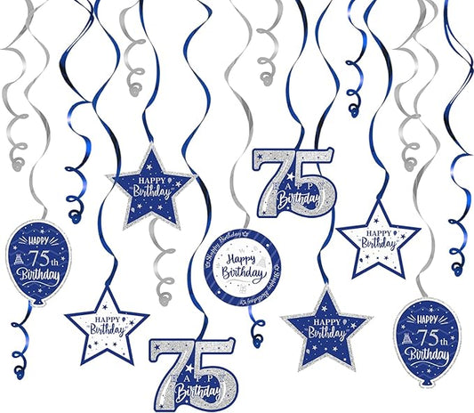 Happy 75th Birthday Blue & Silver Glitter Swirls Streamers Party Decorations - 15 Pcs 75th Birthday Hanging Swirls Streamers Kit,Perfect for 75th Bday Party Sign.