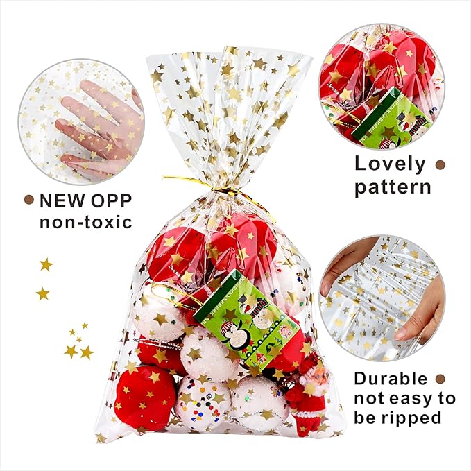 100Pcs Cellophane Treat Bags,4 X 9 Inches Gold Star Printed Clear Cellophane Bags,100 Twist Ties, for Cookies, Chocolate, Bakery, Party Favors, Gift Wrapping, Holiday & Classroom Gifts