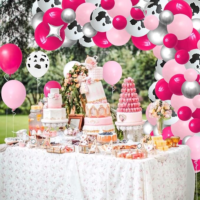 Pink Silver Balloon Garland Arch Kit - Rose Red Hot Pink Silver Balloons Cow Print Balloon for Western Cowgirl Birthday Bridal Shower Wedding Bachelorette Party Decorations