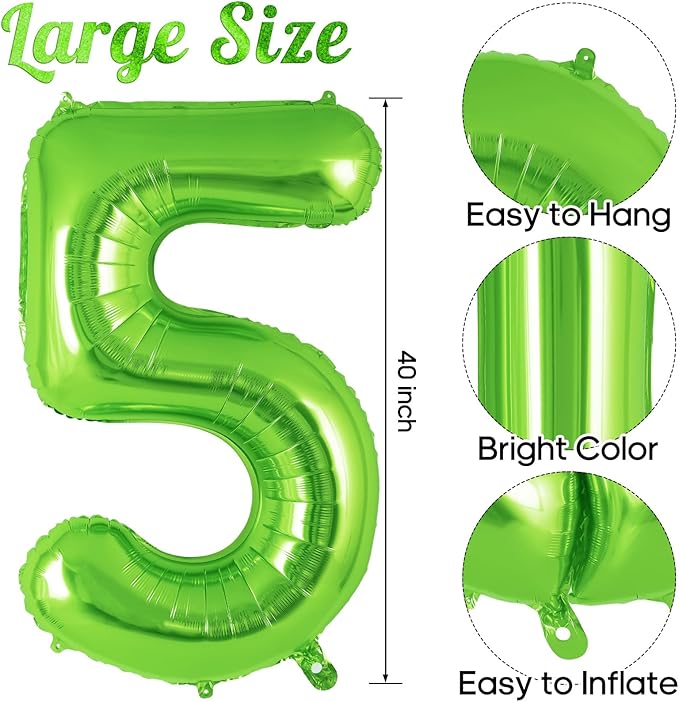 Green Number 5 Balloon 40 Inch, Big Large Foil Helium Number Balloons, Jumbo Giant Mylar Number 5 Balloons for 5 Year Old Birthday Party Decorations Supplies Anniversary Celebration