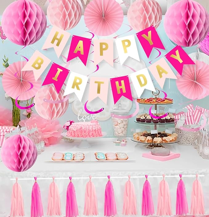 Pink Birthday Decorations Set for Women Girls Happy Birthday Banner Honeycomb Balls Paper Fans Hanging Swirl Streamers Tassels Complete Pink Birthday Party Decor Supplies