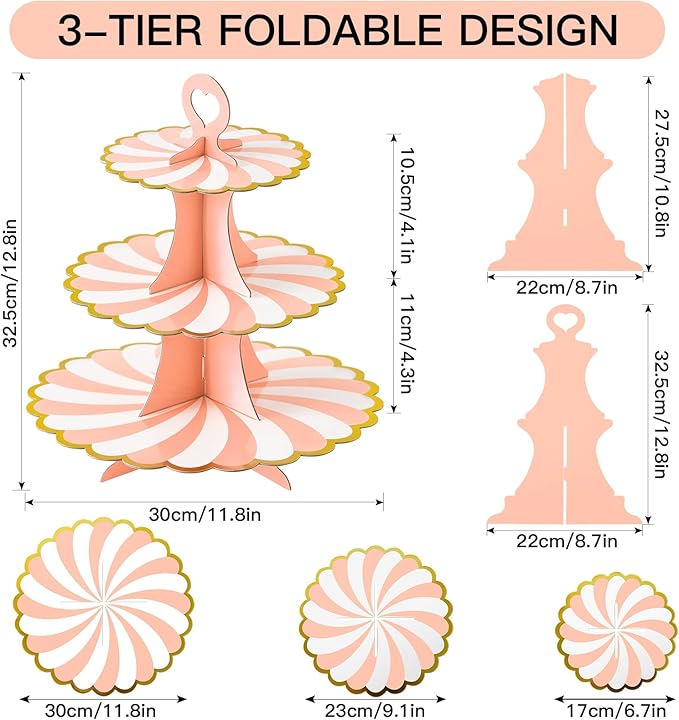 Soleebee 3-Tier Cupcake Stand, Cardboard Cupcake Tower, Dessert Cup Cake Stand Tower for Birthday Wedding Party Decoration, Cupcake Tier Stand 1 Set (Pink Gold)