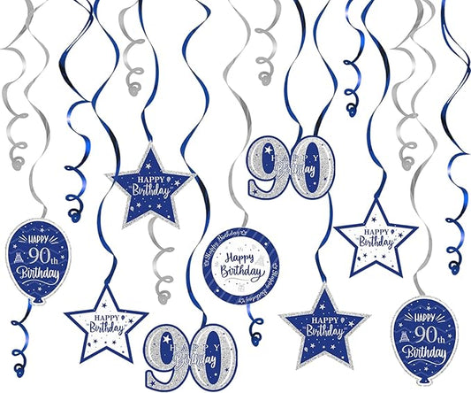 Happy 90th Birthday Blue & Silver Glitter Swirls Streamers Party Decorations - 15 Pcs 90th Birthday Hanging Swirls Streamers Kit,Cheers to Ninety Years Old Bday Party Sign.