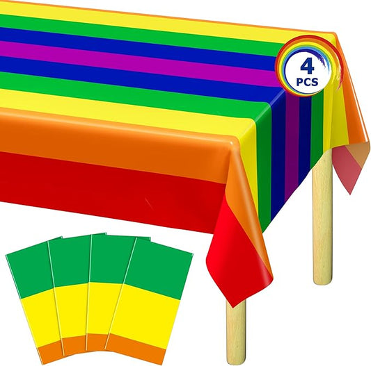 QZYL 4 PCS Pride Decorations, 108 x 54 Inches Disposable Tablecloth, Plastic Rectangle Rainbow Table Covers Stuff, Gay Pride Month Accessories for Rainbow Theme LGBTQ Community Party Decor
