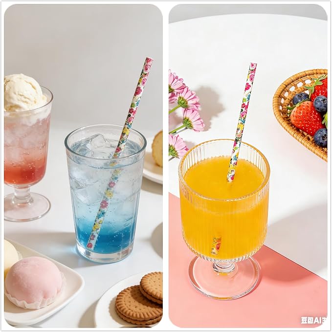 100 pcs Colorful Rose Flower Paper Straws, Green Pink Red Yellow Blue Purple Colored Floral Leaf Drinking Straws, Garden Tea Party Wedding Spring Summer Valentine Decor Cake Pop Sticks (Flower 011)