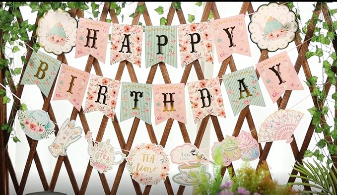 SUNBEAUTY Floral Tea Party Birthday Decorations Tea Happy Birthday Banner Floral Garland Birthday Hanging Banner for Baby Bridal Shower Spring Garden Tea Party Decorations | Pre-Strung