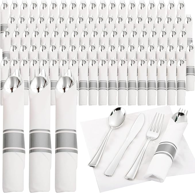 Supernal 120pack Silver Plastic Silverware,Rolled Plastic Silverware,Pre Rolled Napkins with Cutlery Set,Wrapped Disposable Cutlery Set with Napkin Perfect for Mother's Day, Birthday, Wedding,Catering