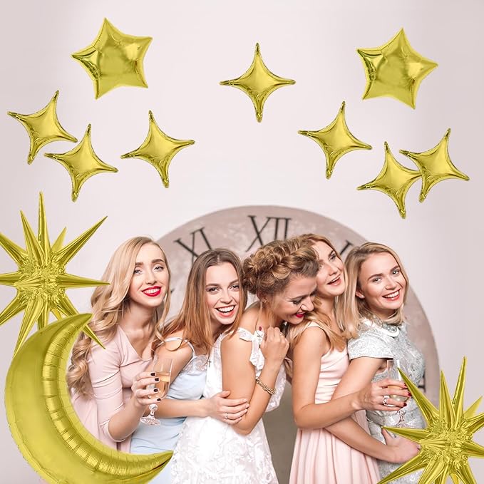 TONIFUL 44Pcs Gold Moon Explosion Star Foil Balloons Kit Large Moon Shape Star Mylar Foil Balloons for Birthday Wedding Baby Shower Anniversary Engagement Party Decorations Supplies