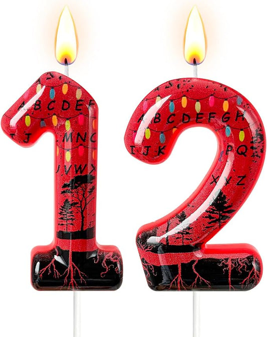 Red Number 12 Birthday Candle for Cake – Dark Horror Style with Alphabet Print & Shadow Design – Unique Cake Topper for Birthday, Anniversary, Themed Party Decoration