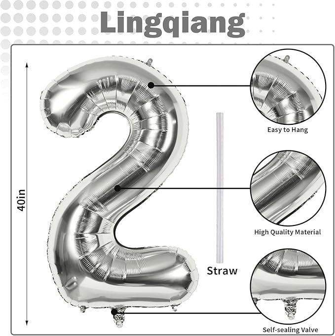 Silver Number Balloons, 40 inch Large Number 2 Foil Helium Balloons for Girls Women, Self Inflating Number Balloons 0-9 for Men Boys 2nd 12th 30th Birthday Anniversary Party Celebration Decoration