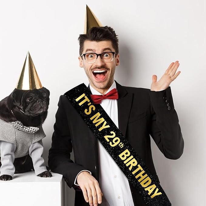 It's My 29th Birthday Sash for Men Women, Black Glitter Sash with Gold Foil