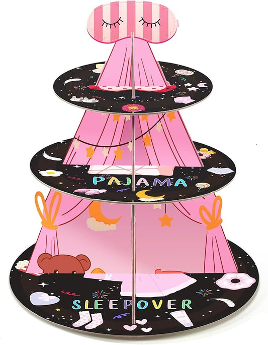 3-Tier Cake Stand for Girls Birthday Party Decorations - Pink and Black Orbicular Cardboard Dessert Stand for Sleepover Party Supplies,Slumber Decorations,Sleep Over Tents for Girls
