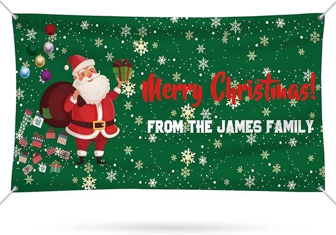 Personalized Merry Christmas Banners and Signs Customize with Family Name Photo Custom Xmas Holiday Decor for Indoor Outdoor 6'x3'