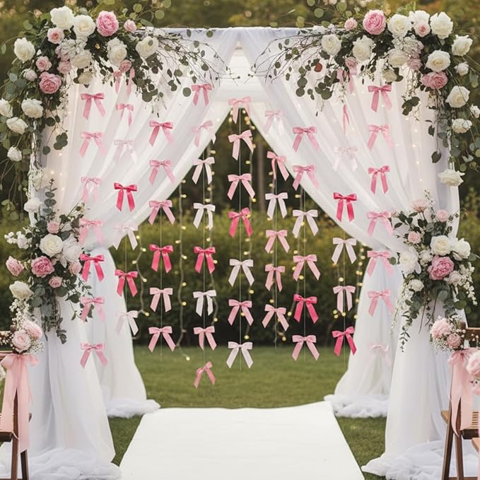 Taobary 8 Pcs 6.6 ft Bow Garland, Satin Ribbon Bow Banner Coquette Hanging Ornament for Photo Backdrop Birthday Party Wedding Bridal Baby Shower Wall Decorations(Pink Series,1 Inch)