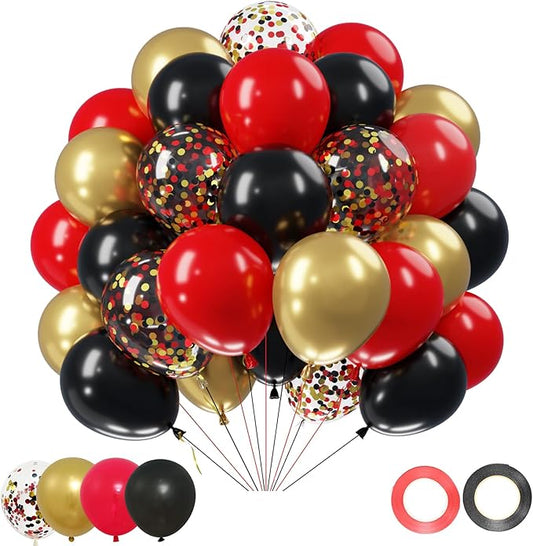 Netnology Red Black Gold Balloons, 60Pcs 12 Inch Red Black Metallic Gold Latex Balloon and Confetti Balloon for Graduation Birthday Casino Theme Party Wedding Anniversary Party Decorations