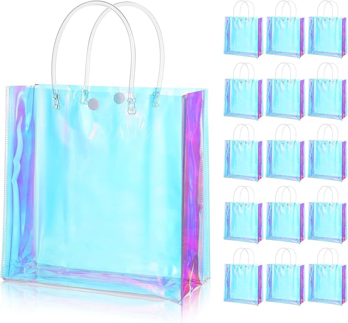 16 Pcs Holographic Bags, Party Favor Bags Clear Reusable Birthday Gift Bag with Handle-PVC Plastic Goodie Handbag for Women Girls Iridescent Bachelorette Wedding Christmas(7.87" x 7.87" x 3.94")