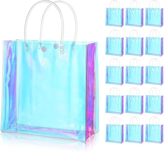 16 Pcs Holographic Bags, Party Favor Bags Clear Reusable Birthday Gift Bag with Handle-PVC Plastic Goodie Handbag for Women Girls Iridescent Bachelorette Wedding Christmas(7.87" x 7.87" x 3.94")
