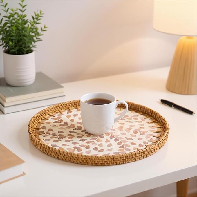 Round Rattan Tray with Mother of Pearl Inlay, Handwoven Wicker Coffee Table Serving Basket Tray for Fruit Snack Party Picnic Cafe Bedroom Kitchen Home Decor Set of 2 (Apricot Willow)