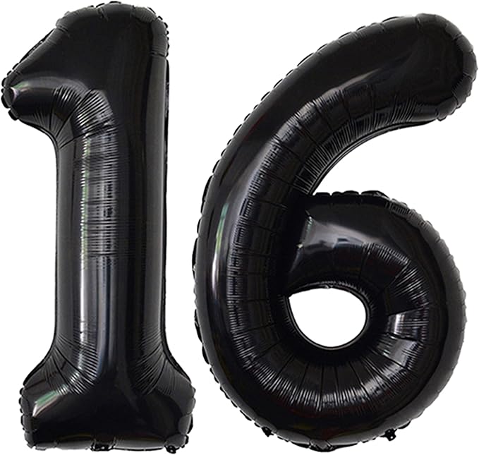 Black 16 Number Balloons Giant Jumbo Number 16 Foil Mylar Balloons for Girl Boy Men 16th Birthday Party Supplies 16 Anniversary Events Decorations