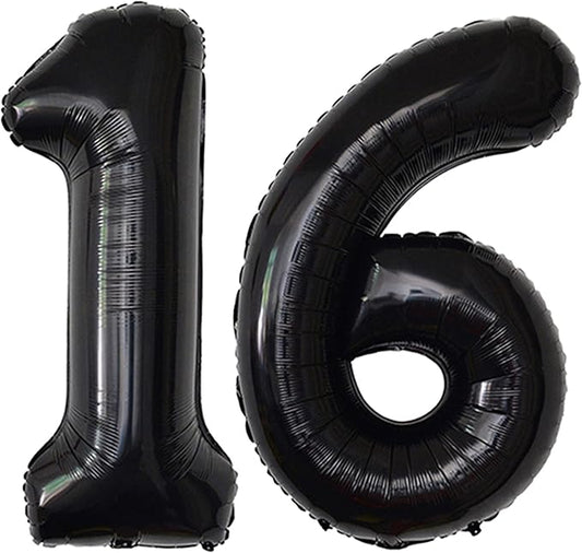 Black 16 Number Balloons Giant Jumbo Number 16 Foil Mylar Balloons for Girl Boy Men 16th Birthday Party Supplies 16 Anniversary Events Decorations