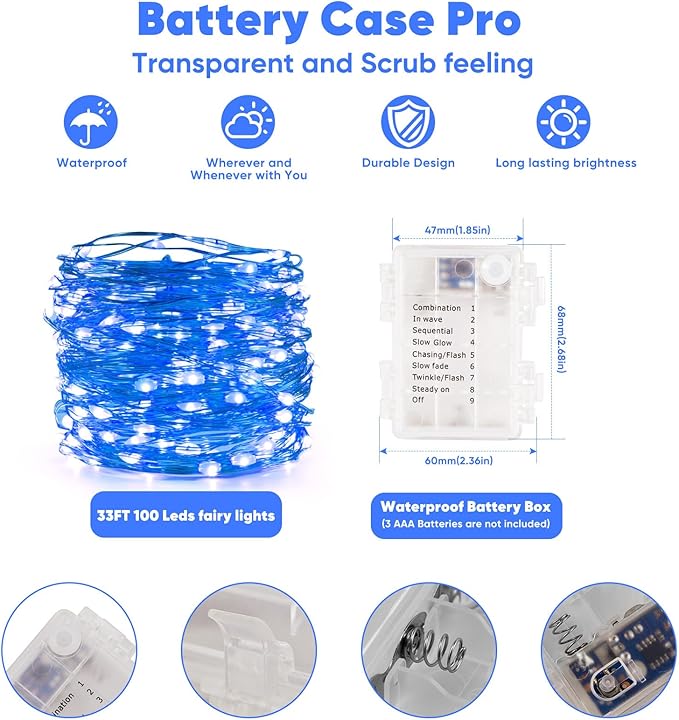 Ariceleo 1 Pack 32.8 Ft. Battery Operated Outdoor String Lights with Remote & Timer, LED Blue Fairy Lights, Waterproof Twinkle Lights for Bedroom, Dorm, Mason Jar, Wedding, Party, Christmas