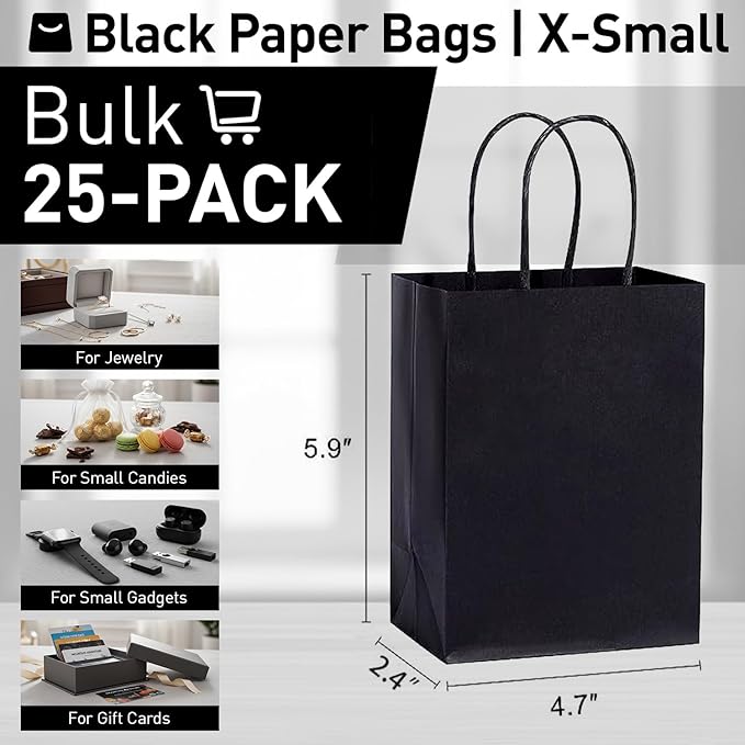 SUNCOLOR 25 Pieces Small Black Gift Bags with Handles, 5.9 x 4.7 x 2.4 Inch Mini Goodie Bags for Party Favors, Treats, and Wedding Favors