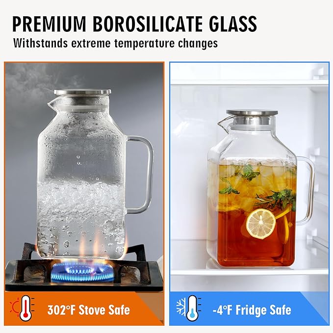 1 Gallon Square Glass Pitcher with Lid and Spout, Borosilicate Glass Carafe for Hot/Cold Drink, Water Pitchers with Handle for Fridge, Extra Large Jug for Iced Tea, Coffee, Juice, Beverage