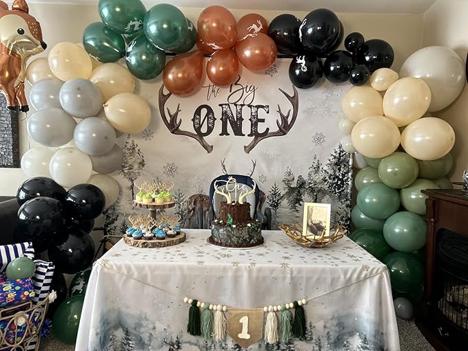 Mocsicka Deer 1st Birthday Backdrop Advenrture Winter Forest Deer Party Decoration The Big One Deer Antlers Rustic 1st Birthday Banner Bakground (Green, 10x7ft(120''x82''))