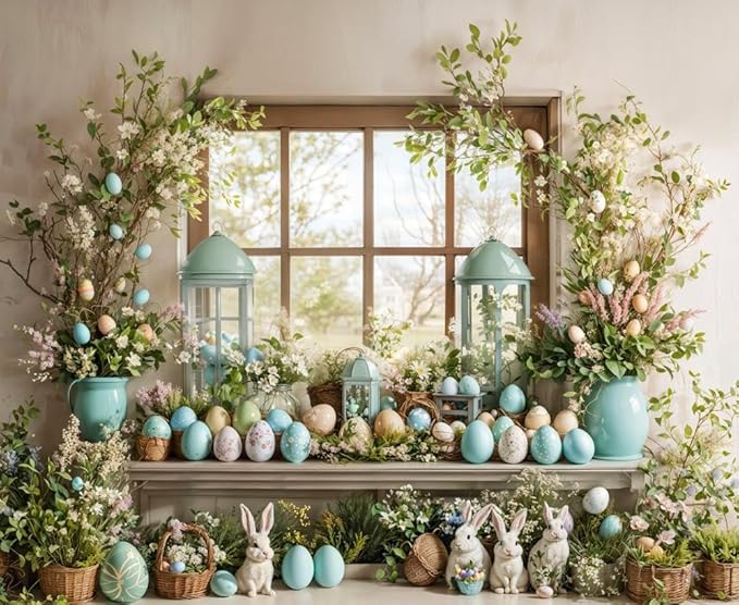 Kate Easter Photography Backdrops Rabbits Colorful Eggs Backdrops for Photoshoot Spring Window Holiday Party Decor Props, 10x8ft