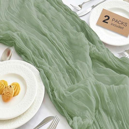 IVAPUPU 2 Pcs Cheesecloth Table Runner - 10ft Sage Green Boho Rustic Gauze Cheese Cloth Table Runner for Baby Shower Decorations Wedding Party Summer Garden Farmhouse Decor