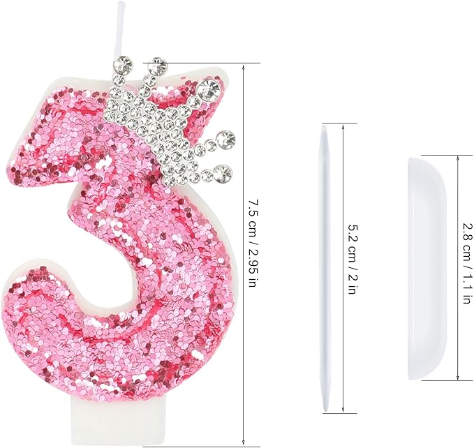 Birthday Number Candles,Pink Crown Birthday Candles for Cake,Glitter Number 3 Candle Cake Topper with Sequins for Girls,Women, Anniversary Celebrations Supplies (Pink 3)