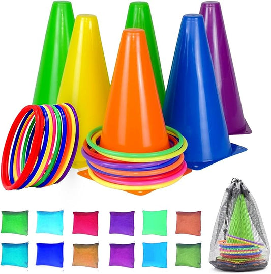 CircleCraft 31 Pcs. Plastic Cones and Rings Games Ring Toss Games for Adults, Carnival Games for Kids, Bean Bag for Kids Games Birthday Party, Yard Game, Sports & Outdoor Game for Family Party