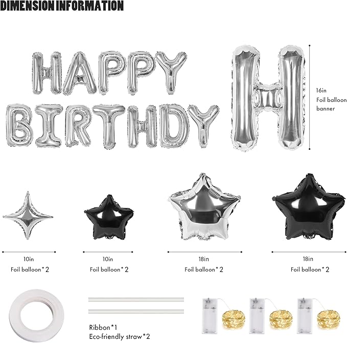 CANREVEL Happy Birthday Banner 13pcs 16 Inch Mylar Foil Letters Sign with 8pcs Star Balloons & LED Lights Birthday Party Decorations for Kids and Adults - 3D Silver