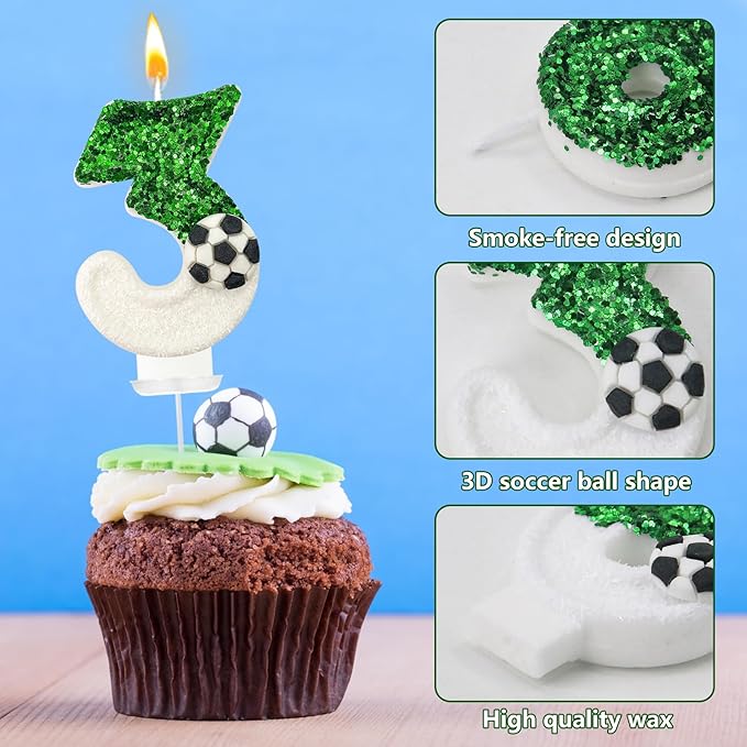 Birthday Candles，Soccer Birthday Decorations，Soccer Cake Topper,for Girl and boy Cake Toppers, Wedding Cakes, Anniversaries, Party Celebrations, Birthday Decorations (Green White, Number 3)