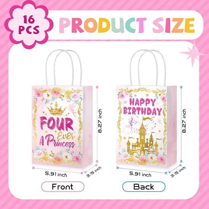 Grencian 16Pcs Princess Birthday Party Bags Four Ever a Princess Candy Treat Gift Bags Princess 4th Party Favor Decorations for Girls Princess Themed Birthday Supplies