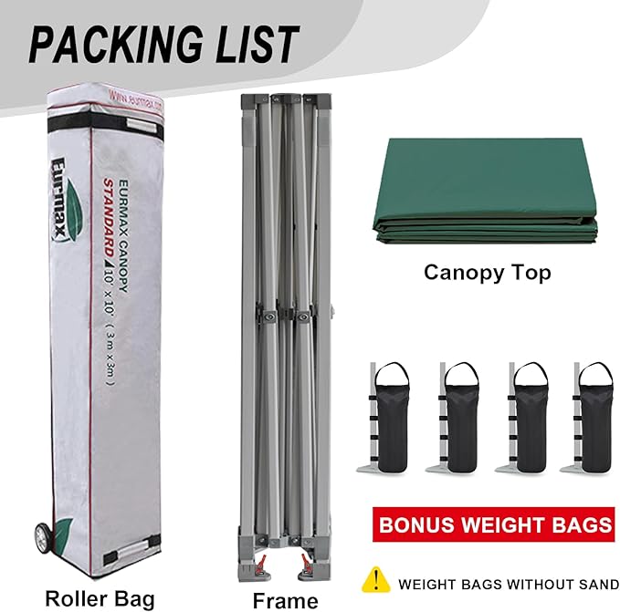 Eurmax USA 10x10ft Pop Up Canopy,Commercial Instant Tent for Outdoor Events,Patented No-Tip Rolling Storage Bag with 4 Sandbags,UV & Water Resistant,Heavy Duty Portable Shelter Gazebo,Forest Green
