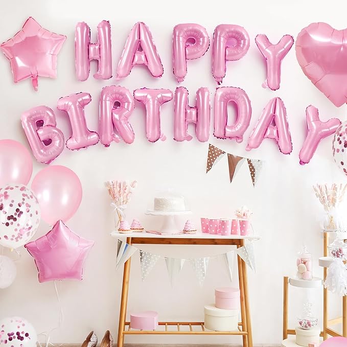 CANREVEL Happy Birthday Balloons Banner 16 Inch Mylar Foil Letters with Star & Heart Balloons Birthday Party Decorations for Men and Women - 30 Pcs Pink