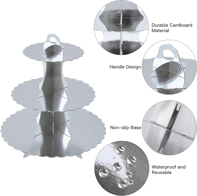 Soleebee 3-Tier Cupcake Stand, Cardboard Cupcake Tower, Dessert Cup Cake Stand Tower for Birthday Wedding Party Decoration, Cupcake Tier Stand 1 Set (Silver)