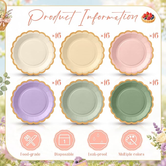 Paper Plates 9 Inch Gradient Scalloped Paper Plates Disposable Dinner Dessert for Birthday Wedding Bridal Party Supplies, 6 Colors (Sage Green and Pink,96)