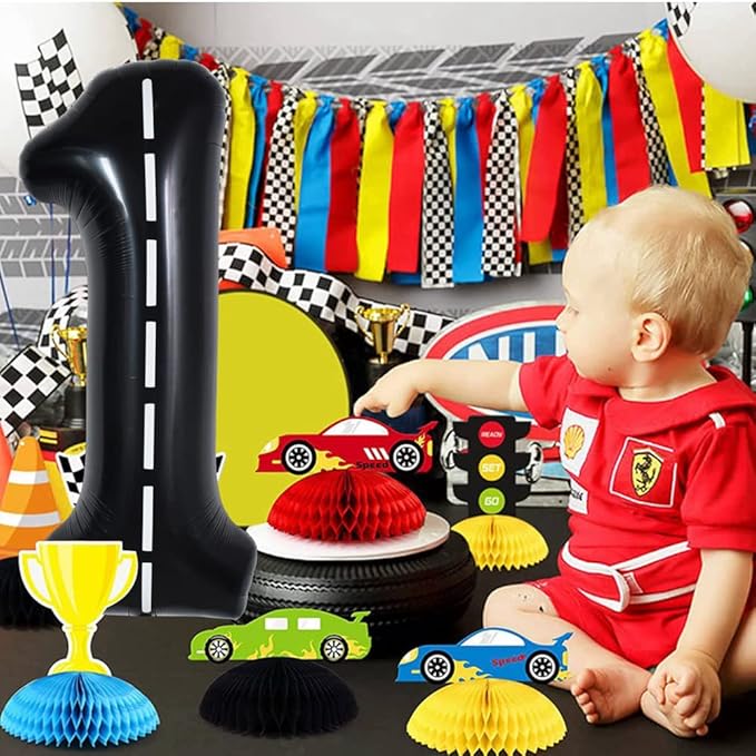 TONIFUL Race Car Black Balloons Car Birthday Party Supplies,40 Inch Giant Jumbo Helium Foil Mylar Big Number 1 Digital 1 Balloons for Boy's Birthday Party Truck Race Car Theme Party Decorations
