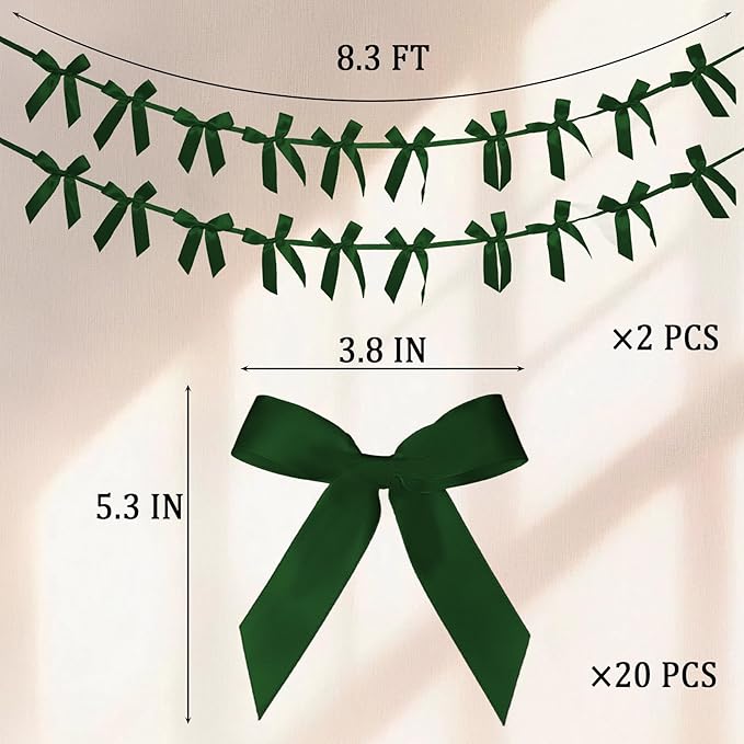 2pcs Hunter Green Bow Garland Banner - 8.3 Feet Coquette Ribbon Bow Decorations for Baby Shower, Birthday Party, Bridal Shower Decor (Hunter Green)