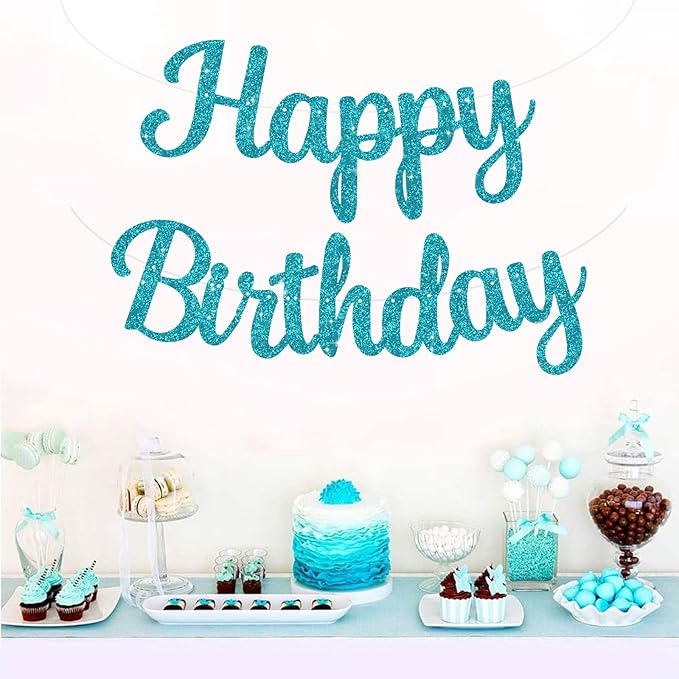 BEISHIDA Happy Birthday Banner - NO DIY,Light Blue 10Feet Pre-Strung-Glitter Birthday Sign Garland Backdrop Decorations for Women men Party