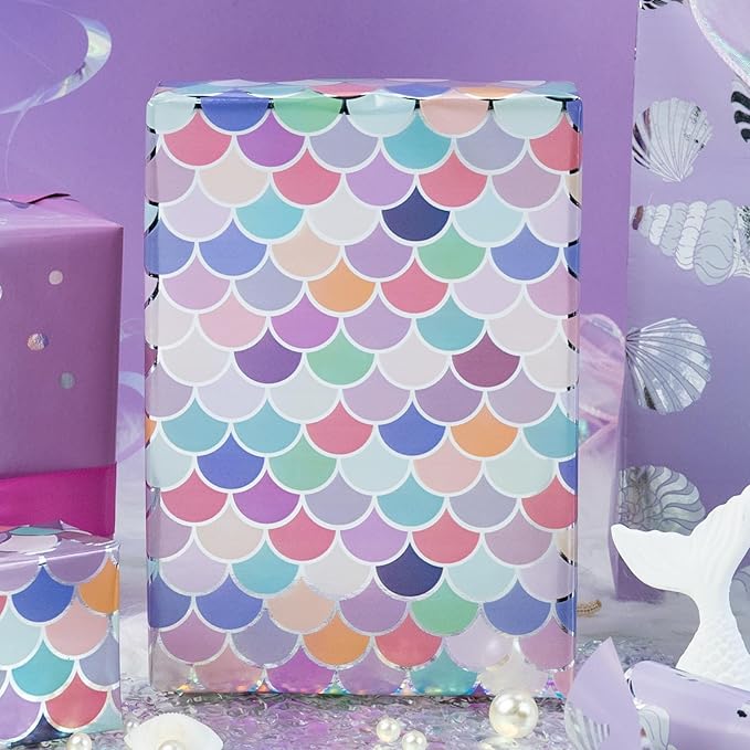 MAYPLUSS Purple Mermaid Wrapping Paper, Birthday Girl Wrapping Paper, Metallic Foil Mermaid Scale Scallop Pattern Ocean Gift Wrap for Girls,Kids, Baby Shower (Mini Roll, 17 Inch x 120 Inch Per Roll)