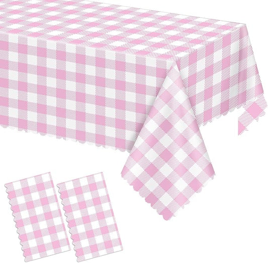 2 Pack Pink Gingham Tablecloths, Pink and White Checkered Tablecloths Disposable Plastic Pink Plaid Table Cover for Easter Mother's Day Wedding Birthday Anniversay Baby Bridal Shower